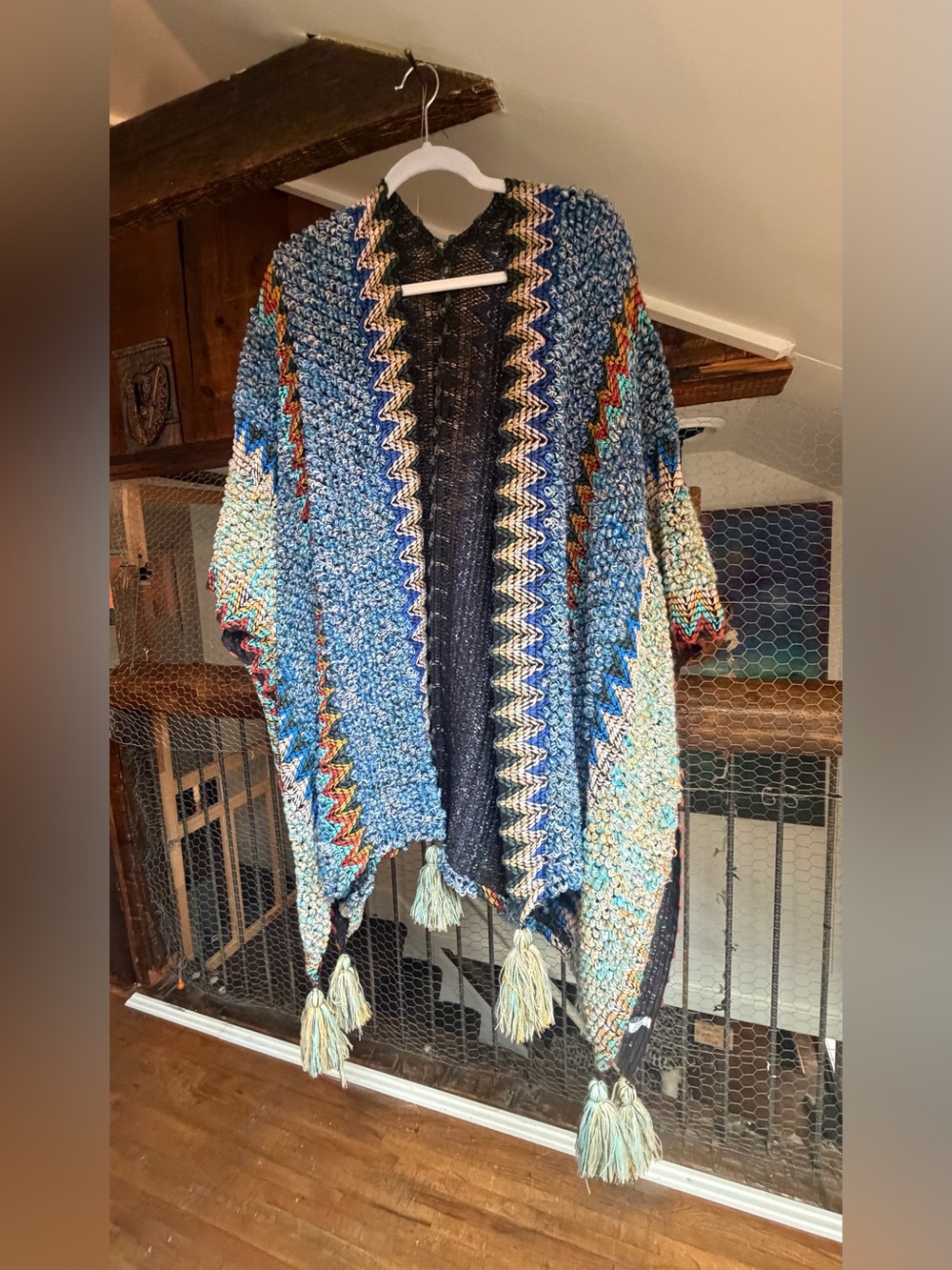Blue Multicolor Knit Fringe Cardigan Sweater Poncho Kimono